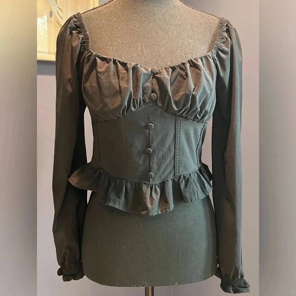 Square Neck Long Sleeve Ruffle Hem off shoulder Solid Black Crop Top size M
